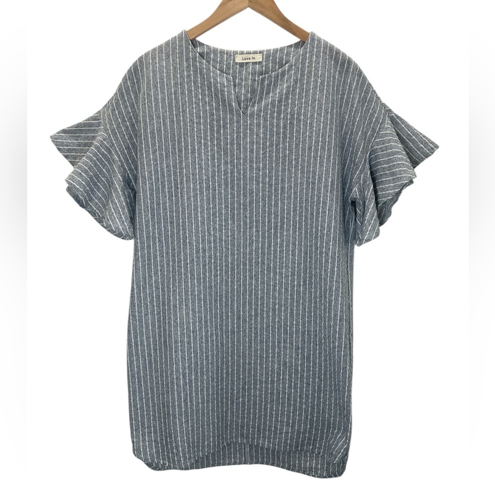 Love In Blue White Striped Ruffle Sleeve Cotton Blend Shift Dress Minimalist Sm